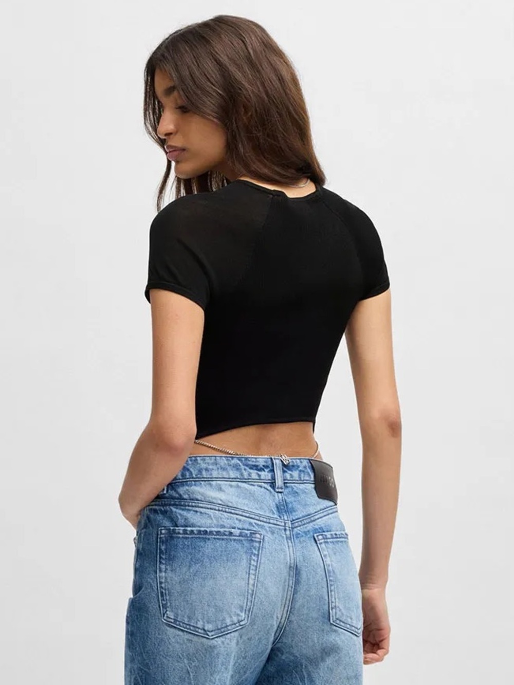 NWT Hugo Slevetta Open Back Knit Top w/ Logo Chain & Charm, Black – Size Medium